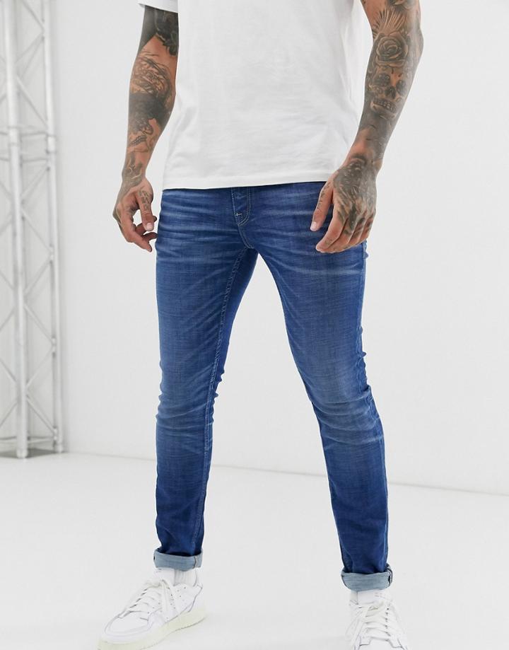 Jack & Jones Intelligence Skinny Fit Whisker Jeans In Mid Wash-blue