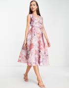 Asos Design Twist Square Neck Belted Prom Skater Midi Dress In Floral Print-multi