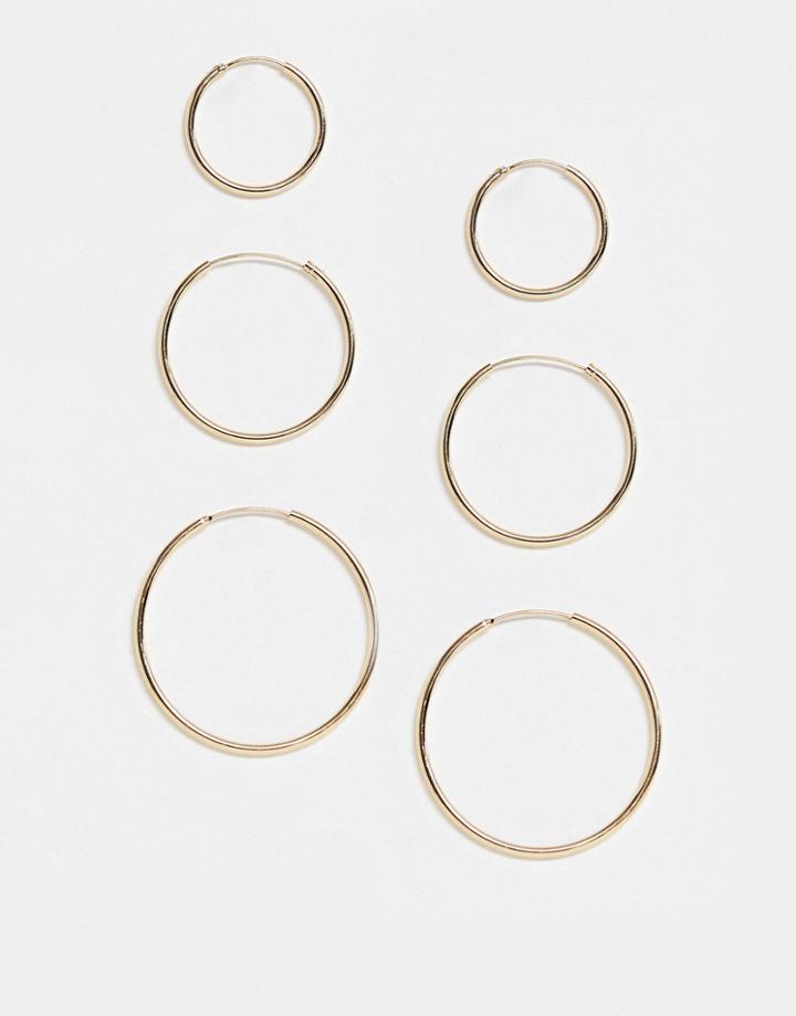 Asos Design Pack Of 3 Fine Hoop Earrings In Gold Tone