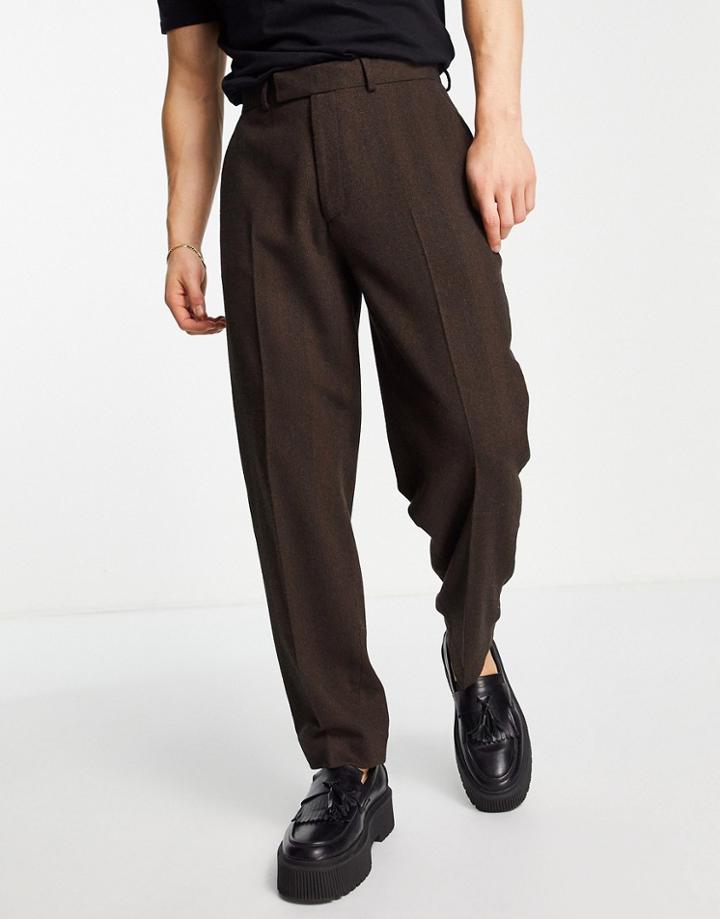 Asos Design Oversized Tapered Wool Mix Herringbone Smart Pants In Chocolate Brown