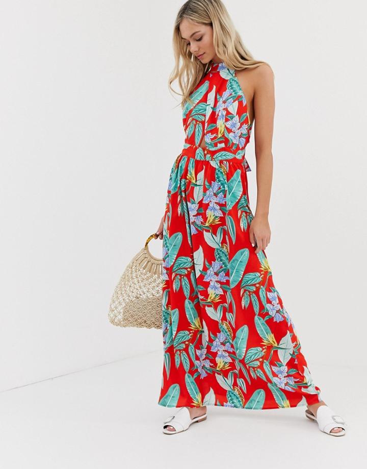 Qed London High Neck Tie Back Maxi Dress In Floral Print
