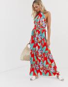 Qed London High Neck Tie Back Maxi Dress In Floral Print