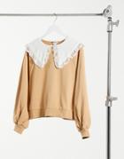 Monki Selma Cotton Sweatshirt With Collar In Beige-neutral