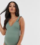 Asos Design Recycled Maternity Bunny Tie Shoulder Swimsuit In Khaki - Green