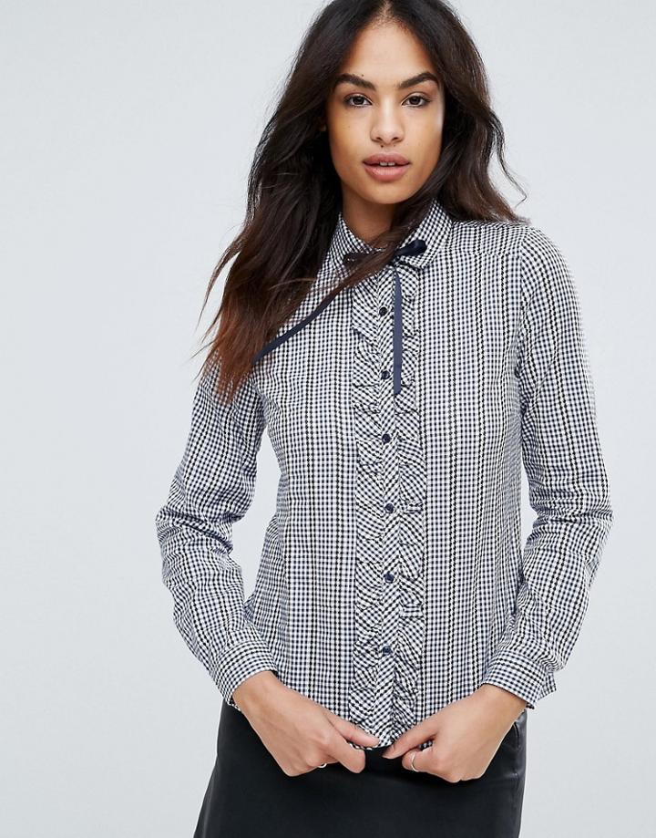 Qed London Gingham Frill Tie Shirt - Navy