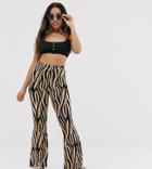 Asos Design Petite Flare Pants In Stone Tiger Print - Multi