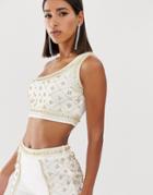 Starlet Embellished Longline One Shoulder Crop Top In White And Gold - White