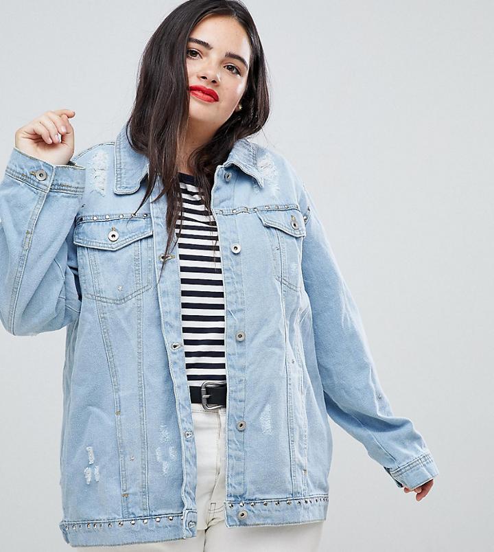 Influence Plus Distressed Denim Jacket - Blue