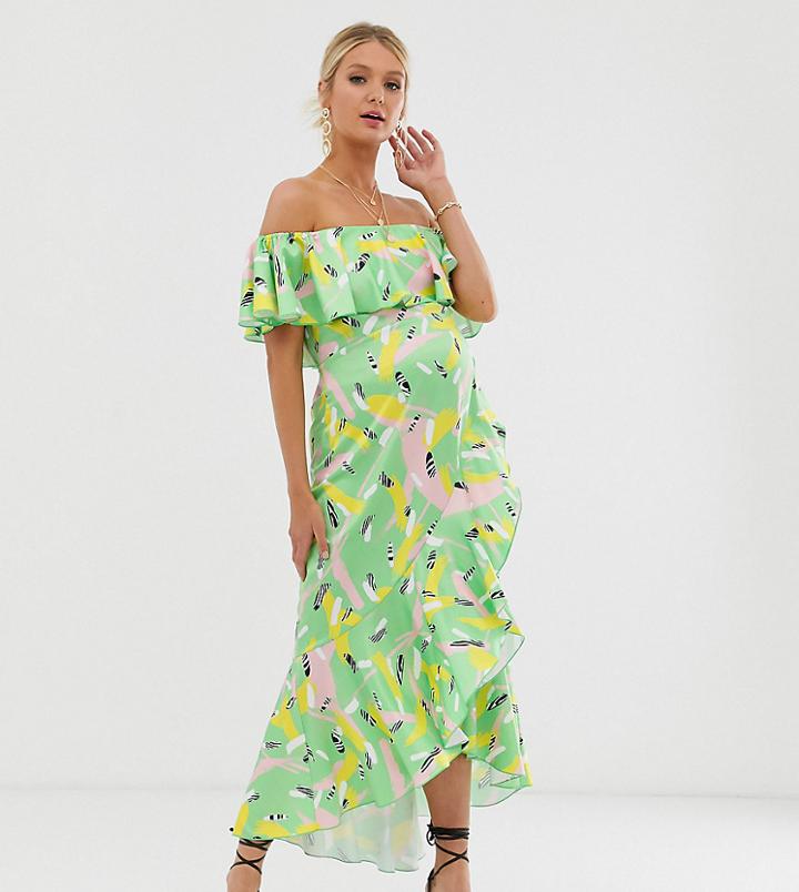 Flounce London Maternity Bardot Satin Midi Dress With Frill At Hem In Abstract Stroke Print-multi