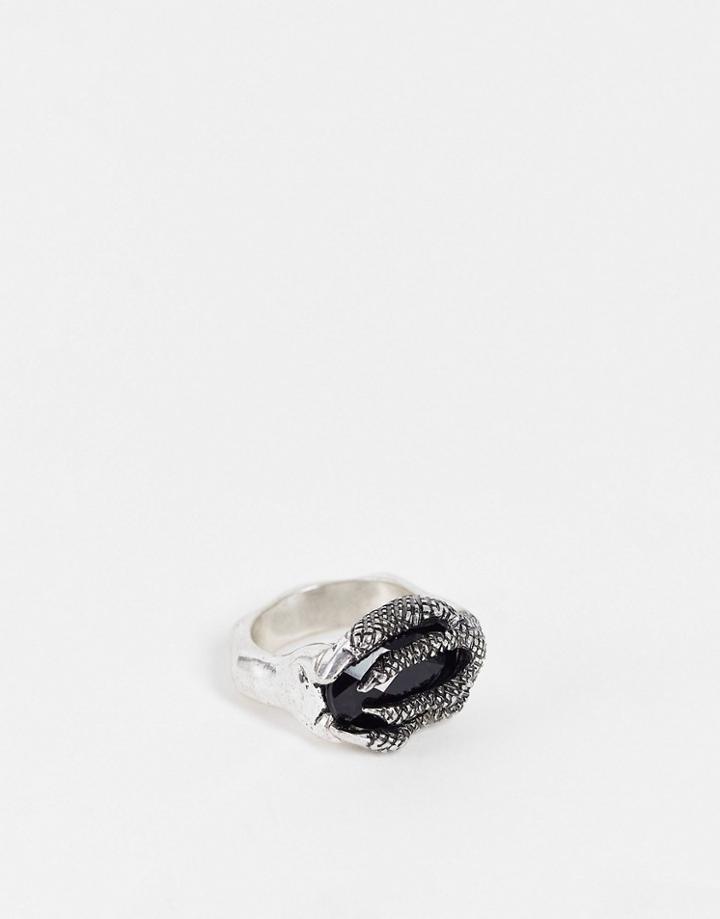 Asos Design Halloween Ring With Textured Claw And Black Stone In Burnished Silver Tone