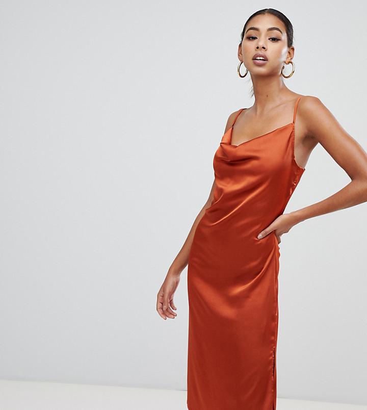 Missguided Strappy Cowl Midi Satin Dress In Rust - Orange