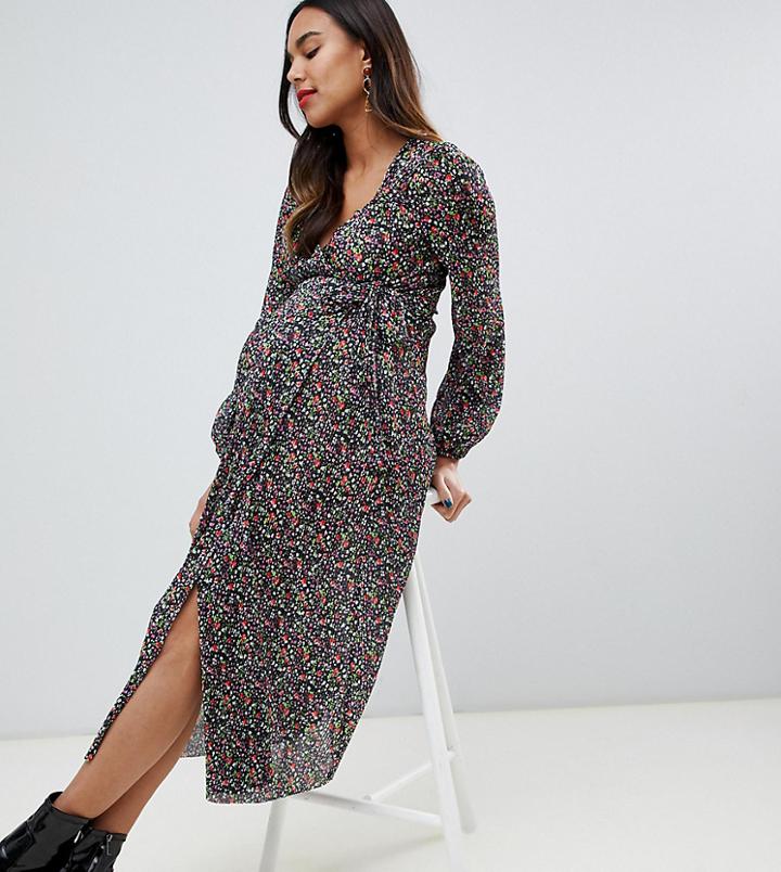 Asos Design Maternity Floral Print Plisse Wrap Maxi Dress - Multi
