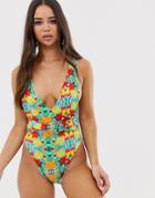 Sian Marie Alectro Reversible High Leg Swimsuit In Blue Tropical-multi