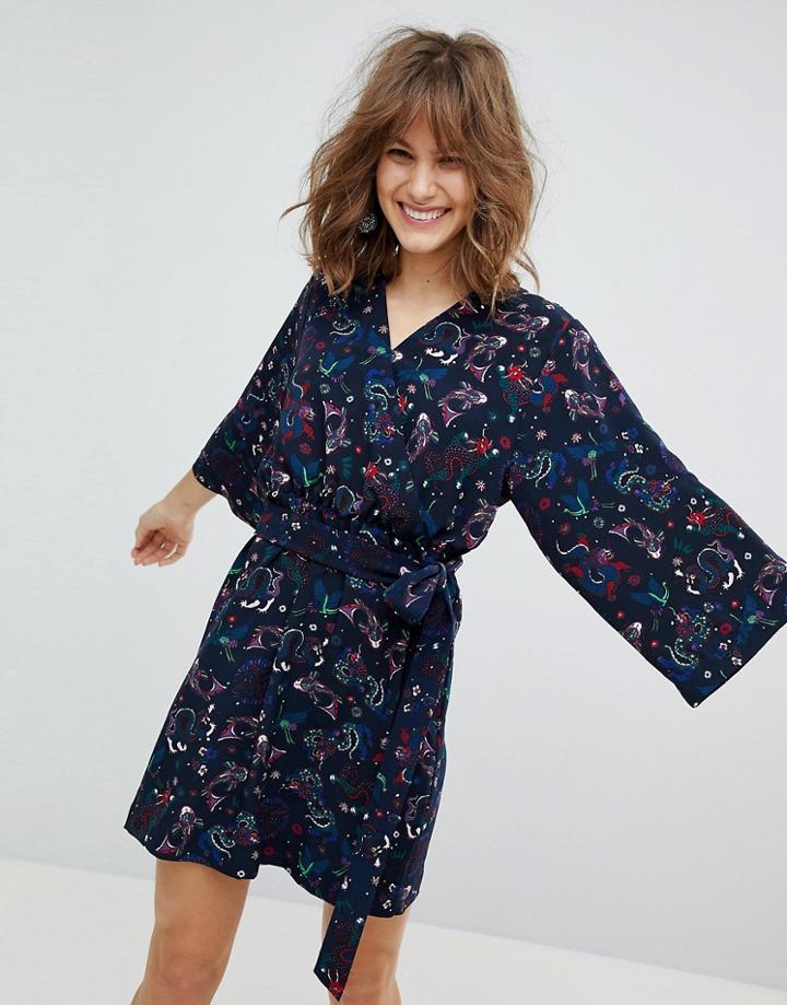 Monki Koi Carp Eastern Wrap Dress - Blue