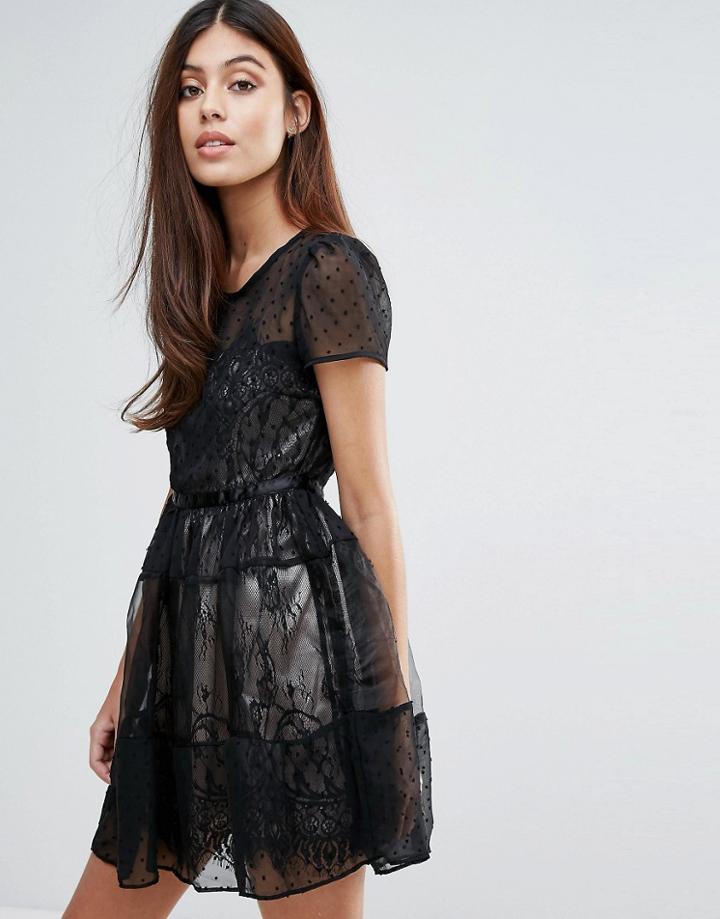 Zibi London Organza Tiered Short Sleeve Dress - Black