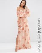 Asos Tall Off Shoulder Maxi Dress In Peach Floral Print - Multi