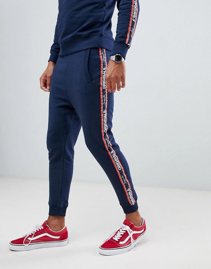 Jack & Jones Originals Skinny Fit Sweatpants With Slogan Leg Tape-navy