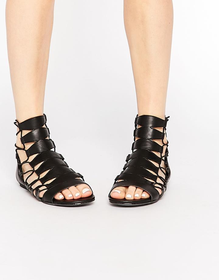 London Rebel Gladiator Flat Sandals - Black Pu