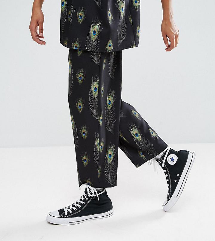 Reclaimed Vintage Inspired Relaxed Pants In Black With Feather Print - Black