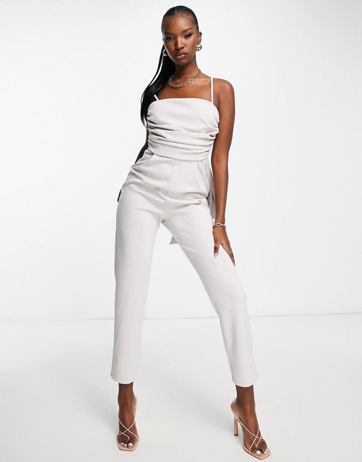 Asos Design Scuba Strappy Bow Back Peg Leg Jumpsuit In Silver-gray