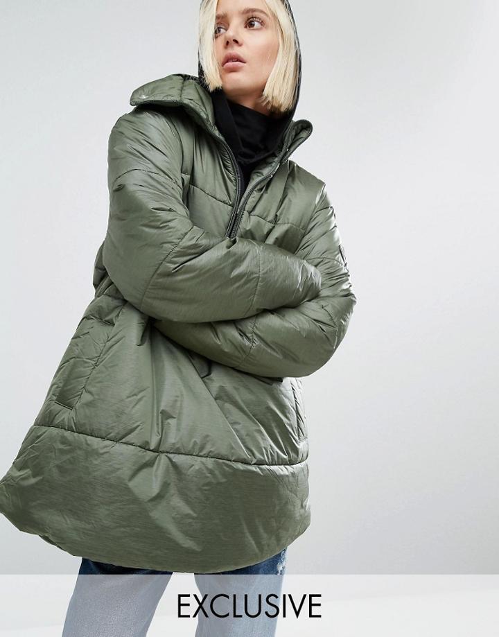 Puffa Oversized Over Head Half Zip Jacket - Green