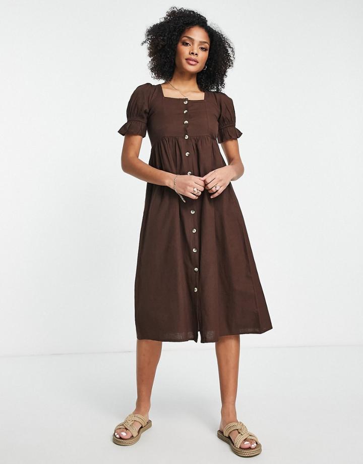 Influence Button Up Midi Dress In Chocolate Brown