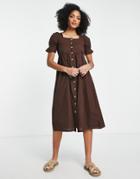 Influence Button Up Midi Dress In Chocolate Brown