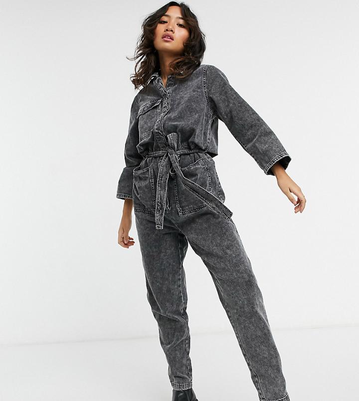 Noisy May Petite Denim Jumpsuit In Black Acid Wash