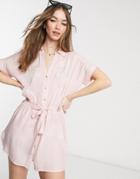 River Island Cutwork Mini Beach Shirt Dress In Pink