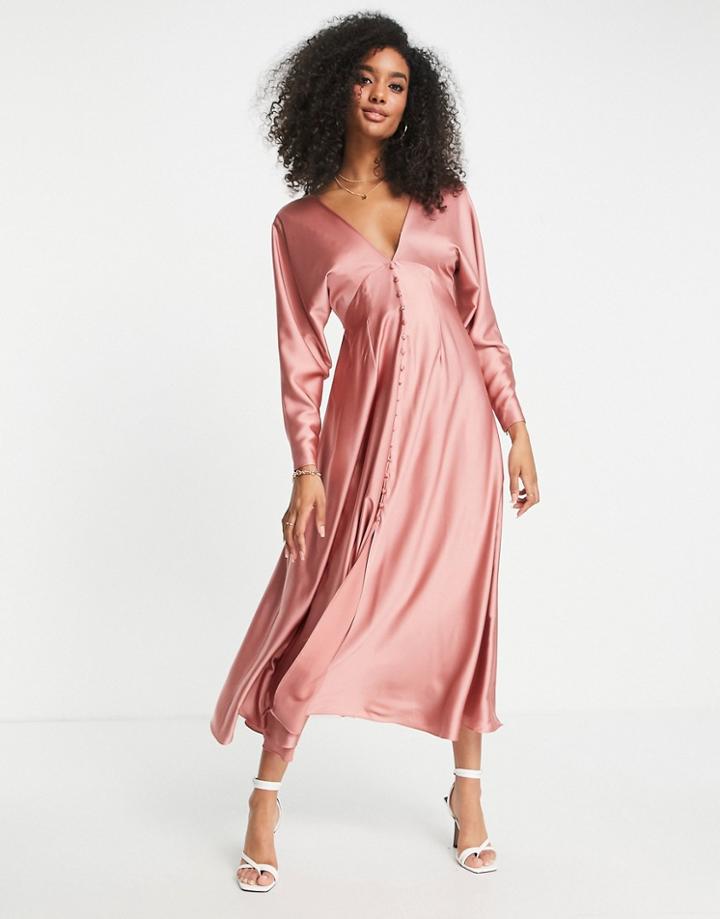 Asos Edition Satin Lattice-back Midi Dress In Dusky Rose-pink