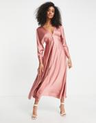 Asos Edition Satin Lattice-back Midi Dress In Dusky Rose-pink