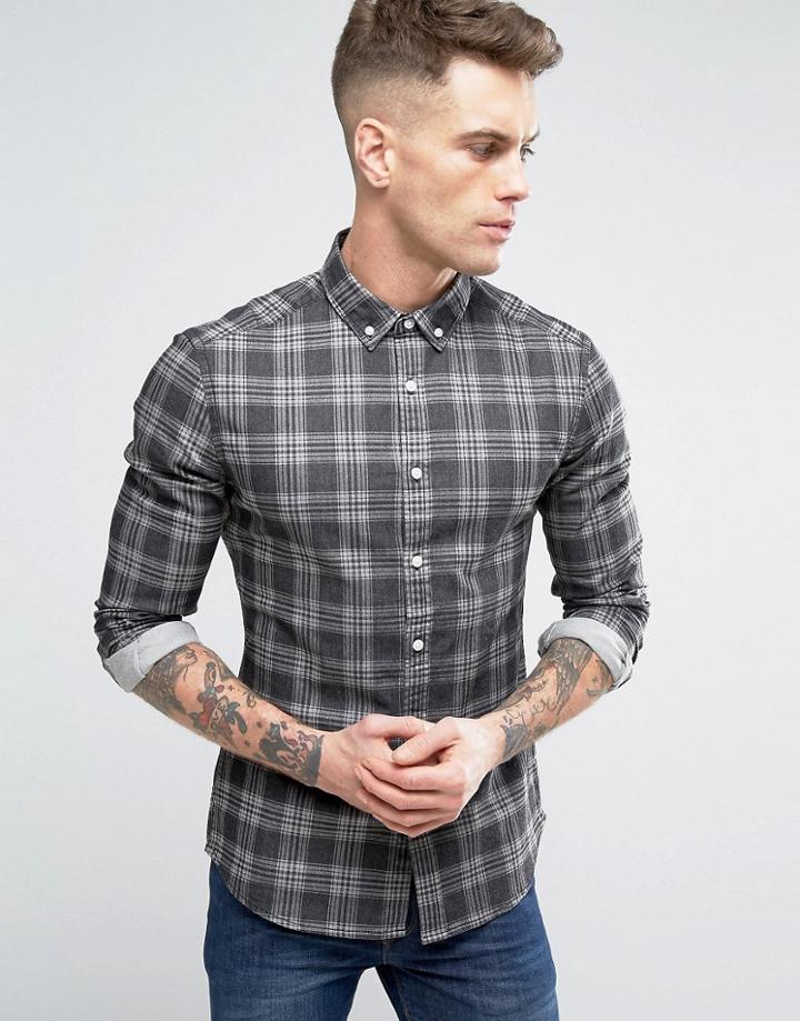 Asos Skinny Denim Check Shirt - Black