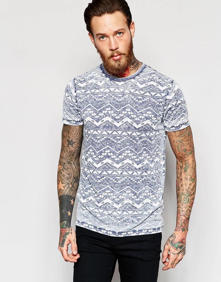 Asos T-shirt With Burnout Wash And Geo-tribal Print In Light Blue - Light Blue
