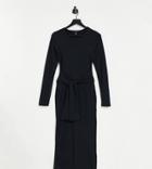 New Look Tall 3/4 Sleeve Ribbed Tie Front Midi Dress In Black