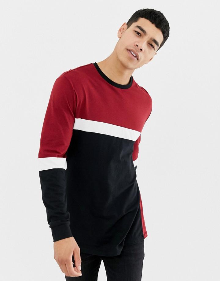 Asos Design Relaxed Longline Long Sleeve T-shirt With Contrast Body Panel In Burgundy - Red