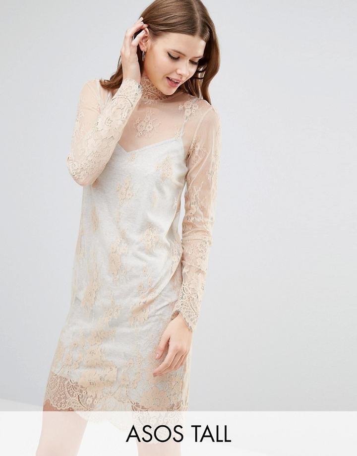 Asos Tall Lace Shift Dress With Gray Marl Lining - Pink