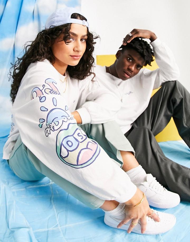 Asos Daysocial Unisex Oversized Long Sleeve T-shirt With Back And Sleeve Graphic Prints In White