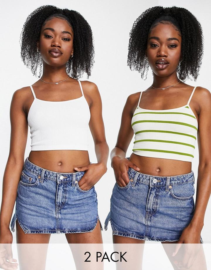 Stradivarius Seamless Cropped Top 2 Pack In Stripe & White