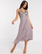Asos Design Linear Embellished Bodice Midi Dress With Tulle Skirt In Dusty Purple-multi