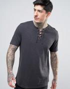 Asos Longline T-shirt With Lace Up Neck In Textured Fabric With Curve Hem - Black