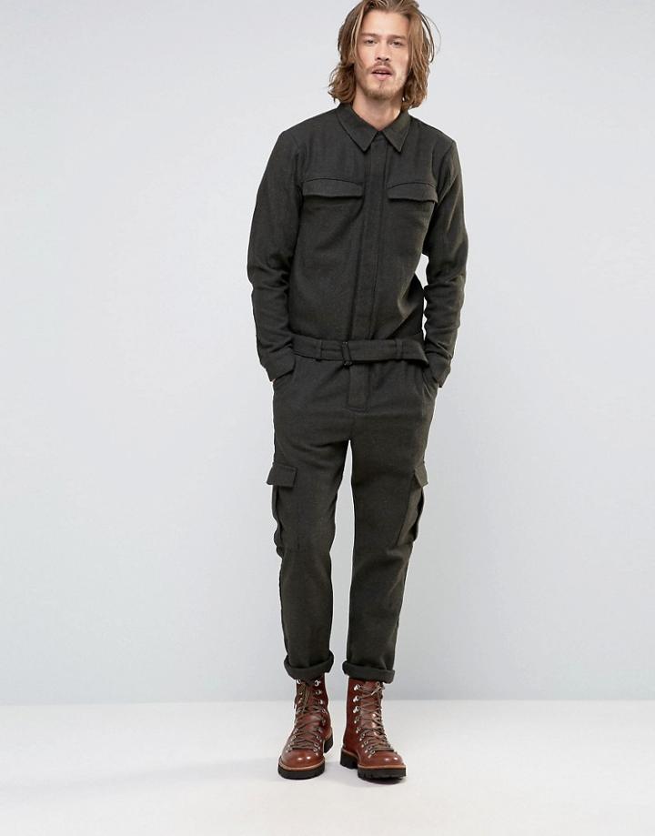 Asos Smart Heritage Boiler Suit In Khaki Herringbone - Green