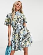 Qed London High Neck Mini Dress In Floral Print-multi