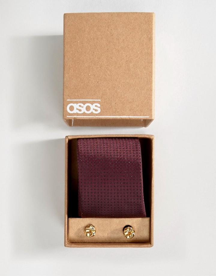 Asos Tie In Burgundy Polka Dot And Cufflink Pack - Red