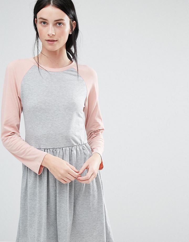 One Day Tall Contrast 3/4 Raglan Sleeve Jersey Midi Skater Dress - Gray