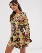 Asos Design Wrap Romper With Buckle And Ruffle Cuffs In Jacquard Floral Print-multi
