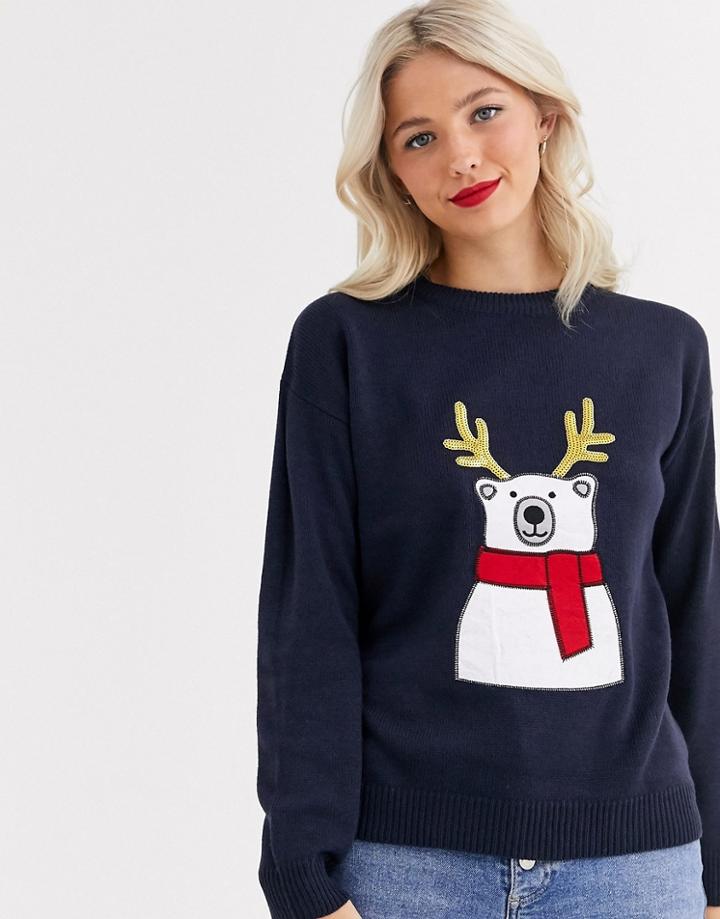 Brave Soul Polar Bear Christmas Sweater With Sequin Antlers-navy