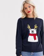 Brave Soul Polar Bear Christmas Sweater With Sequin Antlers-navy