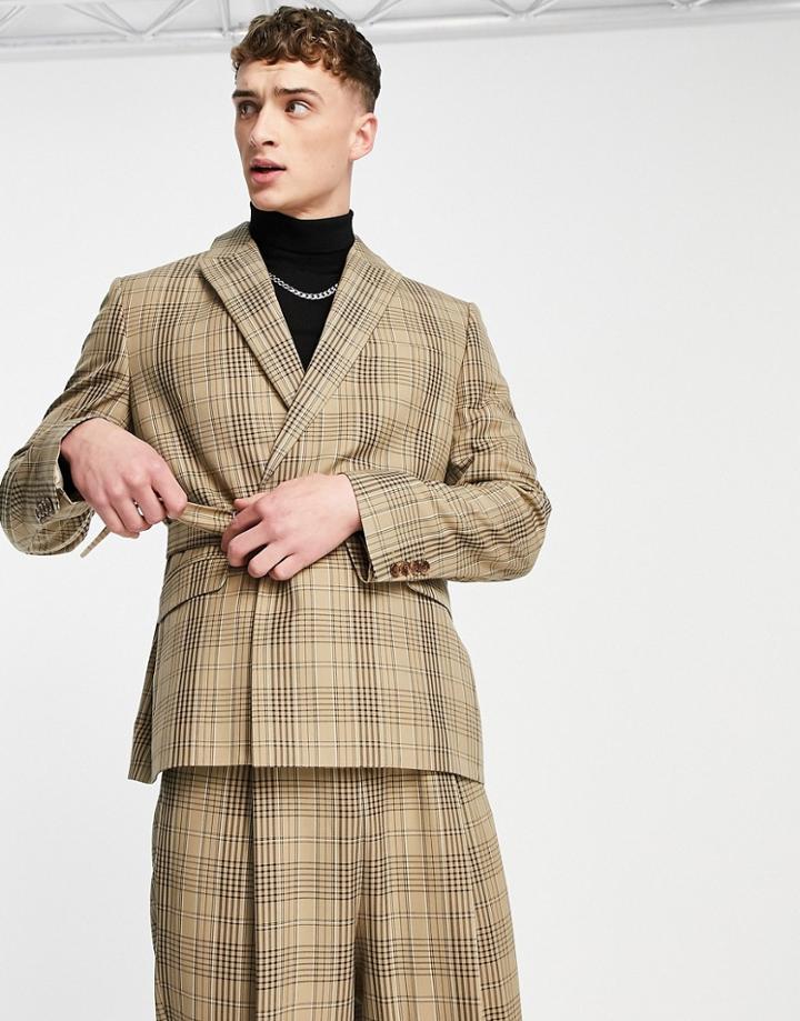 Asos Design Slim Crop Suit Jacket With Belt In Beige Check-neutral