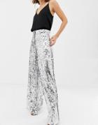 Asos Edition Sequin Wide Leg Flare Pants - Silver