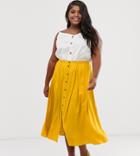 Asos Design Curve Button Front Floaty Midi Skirt With Pleats - Yellow